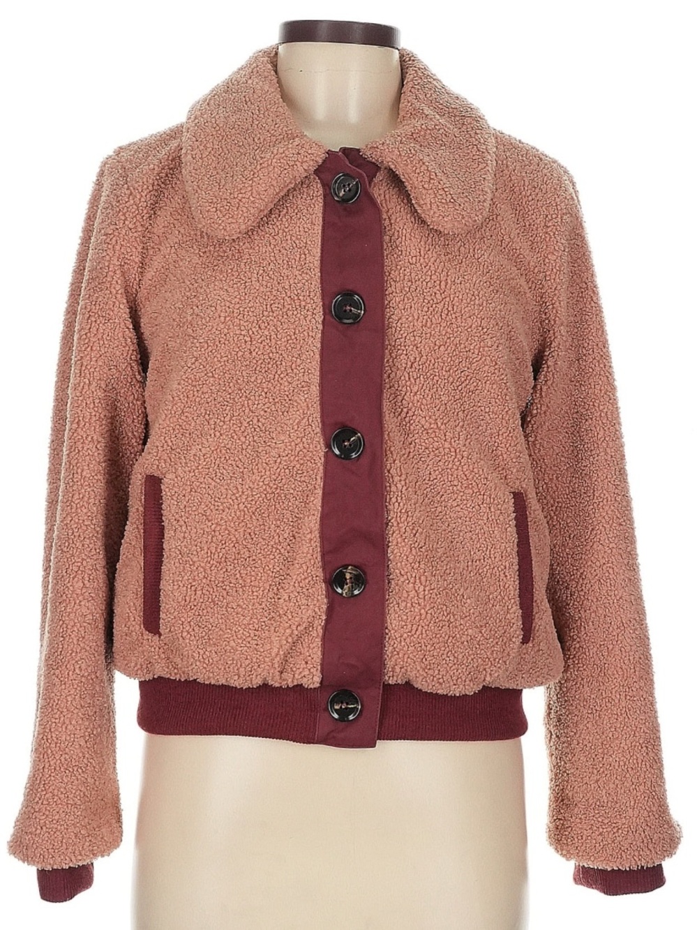 Skies Are Blue Pink Teddy Bomber Jacket with Dark Rose & Burgundy Trim, Large